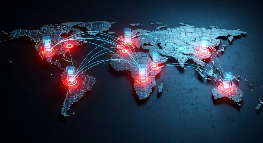 전 세계에서 발생하는 AI 결제 위협 노드를 실시간으로 추적하는 디지털 세계 지도