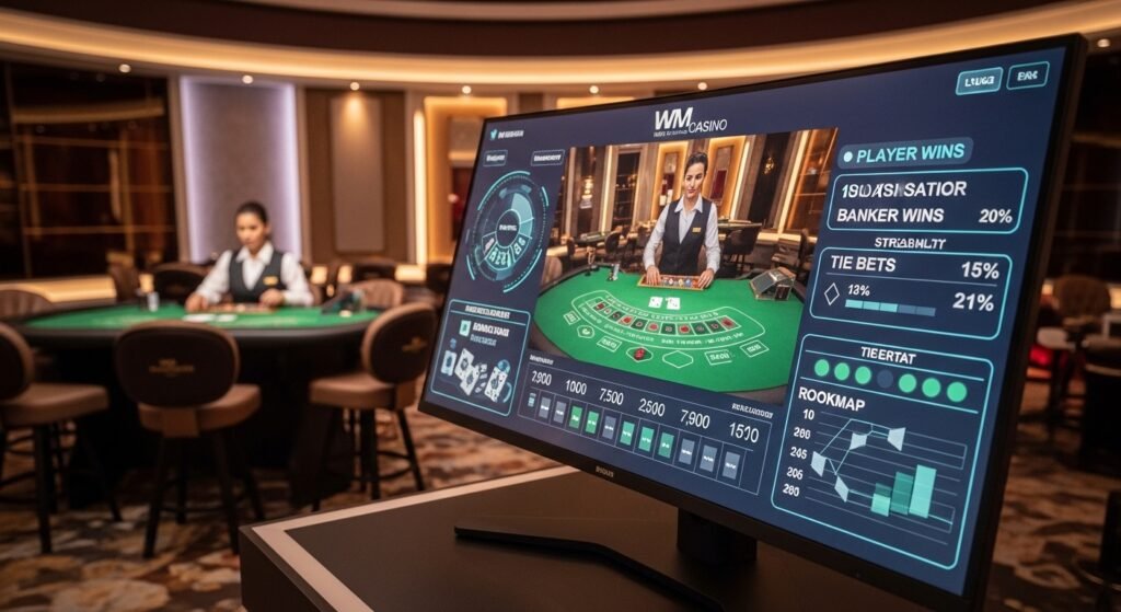 더블류엠카지노의 실시간 라이브 딜러 화면과 분석 통계가 표시된 전문가용 대시보드